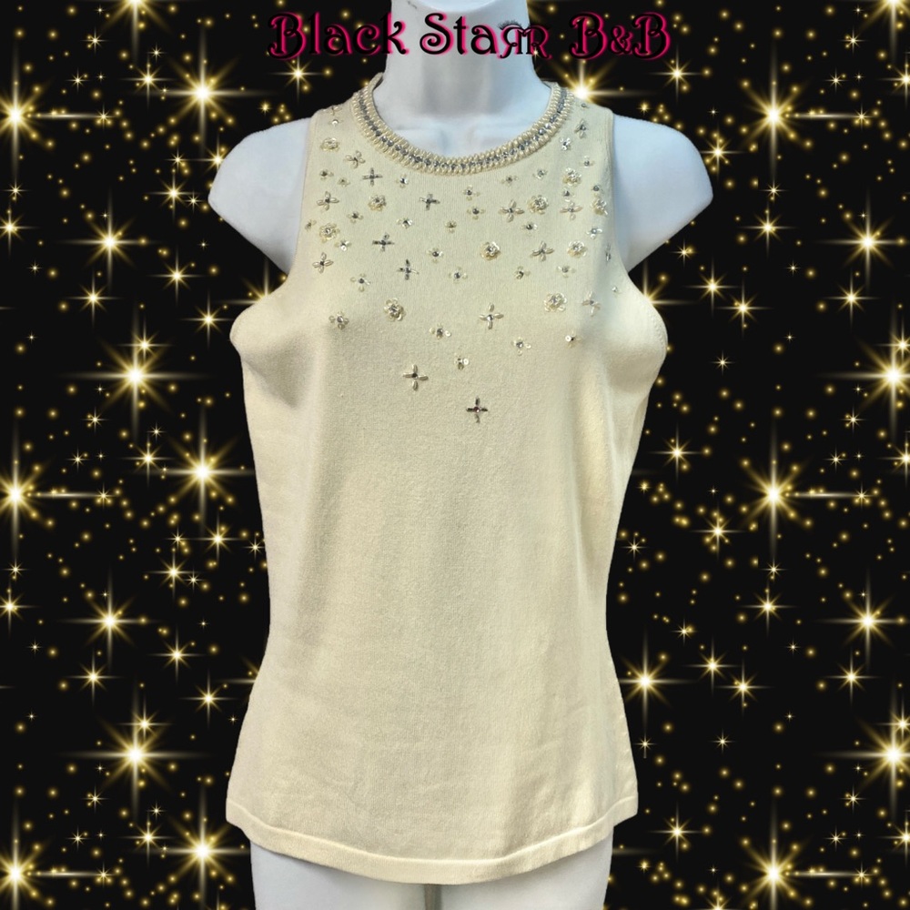 Sleeveless cream knit crystal/pearl embellished blouse by Ann Taylor